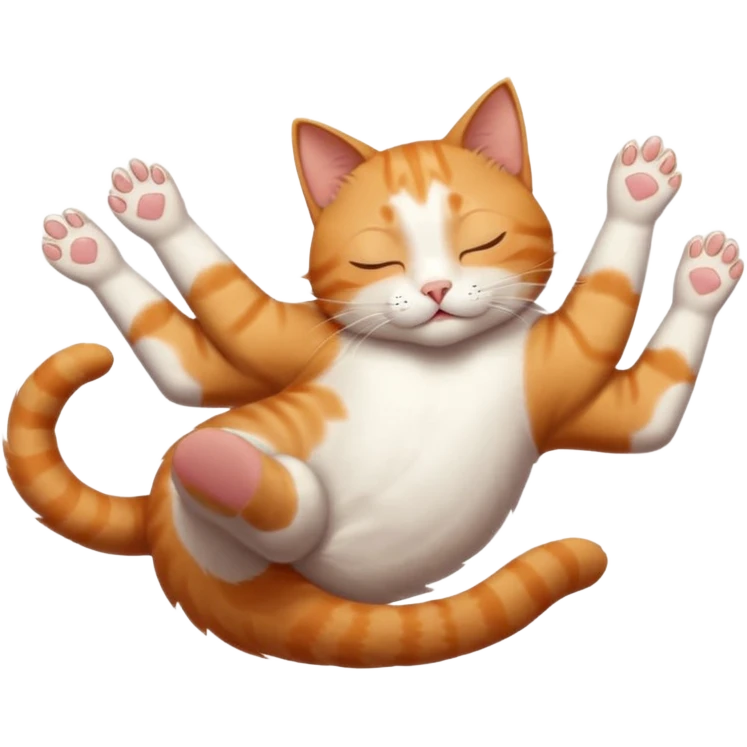 ginger and white small cat eyes closed lying down upside down with paws stretched out in different directions emoji