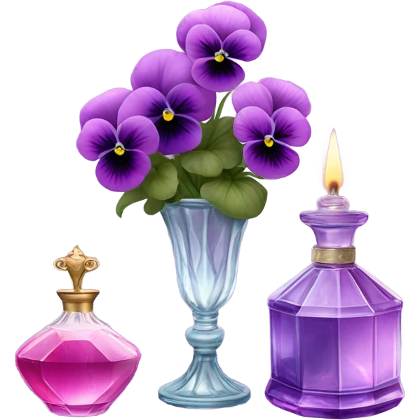 A pink aesthetic still-life: a decorative candle in a glass jar, violet pansies in a crystal vase, and an ornate purple perfume bottle emoji