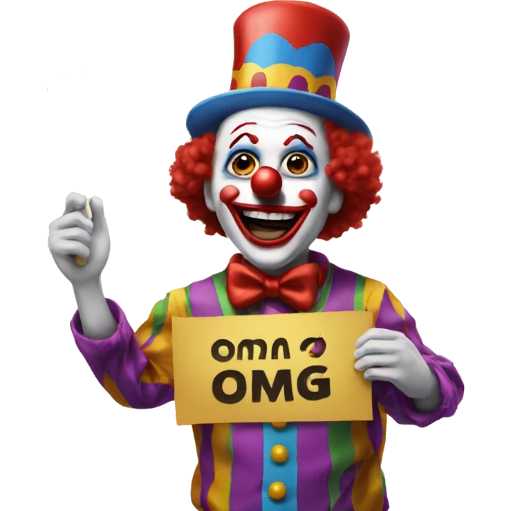 Clown holding a sign stating, "OMG" emoji