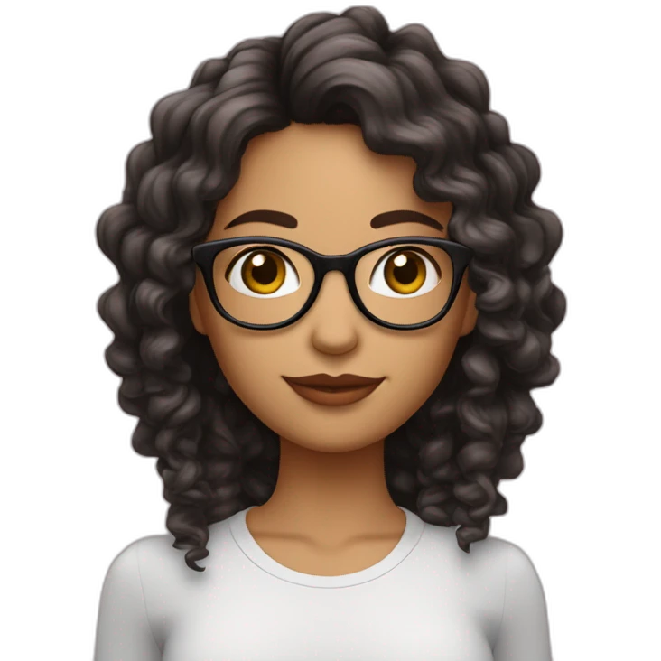 Chica con cabello rizado largo color castaño, piel blanca y que use lentes rosa palo y sus ojos medianos color negro   emoji