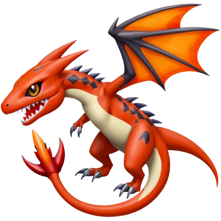 Blood-patterned scale-marked Meloetta-Garchomp-Guilmon-Pokémon-Fakémon-fusion-hybrid-creature emoji