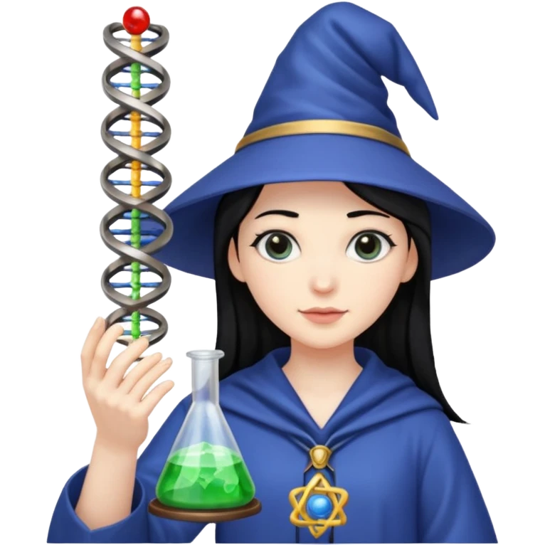 Female wizard with black hair holding a double helix DNA one hand and a methyl group in the other emoji