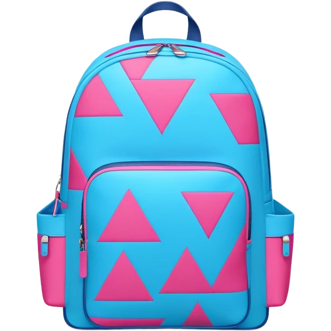 A stylish cute school backpack, medium-sized, with a modern design in bright blue and pink. It features a geometric pattern of subtle triangles across the front pocket, giving it a sleek yet dynamic look, front view emoji