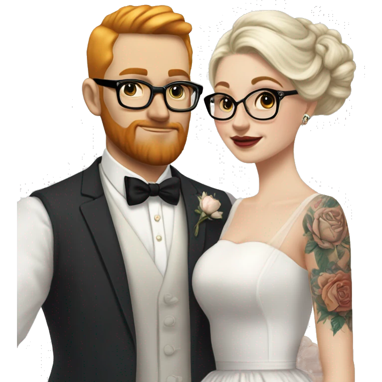 White Blonde hair up bride glasses tattoos vintage tea length dress with white groom black glasses ginger beard no head hair emoji