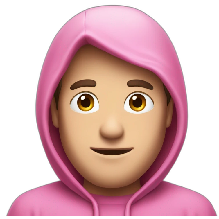 European guy wearing a pink Kirby face hood emoji
