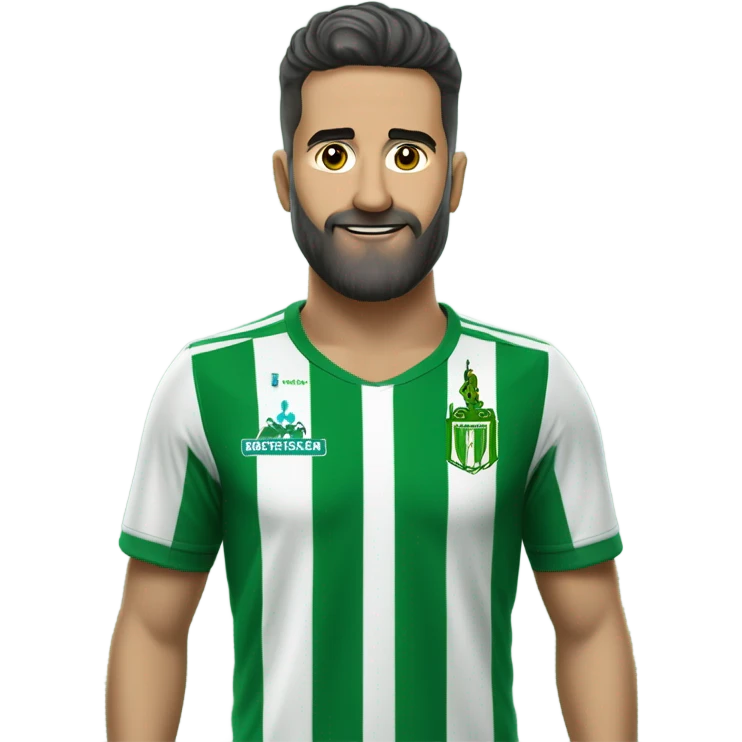 Un aficionado calvo con barba seguidor del equipo de fútbol de la liga Del Real Betis Balompié, es decir, camiseta verde y blanca con 13 rayas verticales emoji
