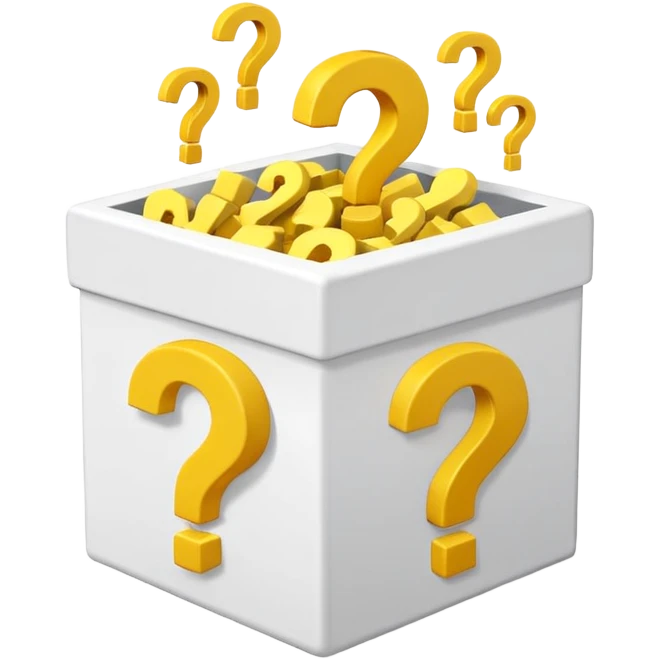white cube shaped box over stuffed with yellow question marks emoji