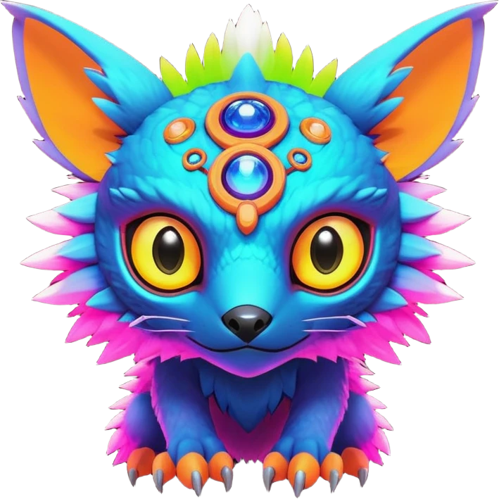 Tropical lush warm-colored modern colorful neon-colored cyber-Fakémon-Digimon-Trico-creature emoji