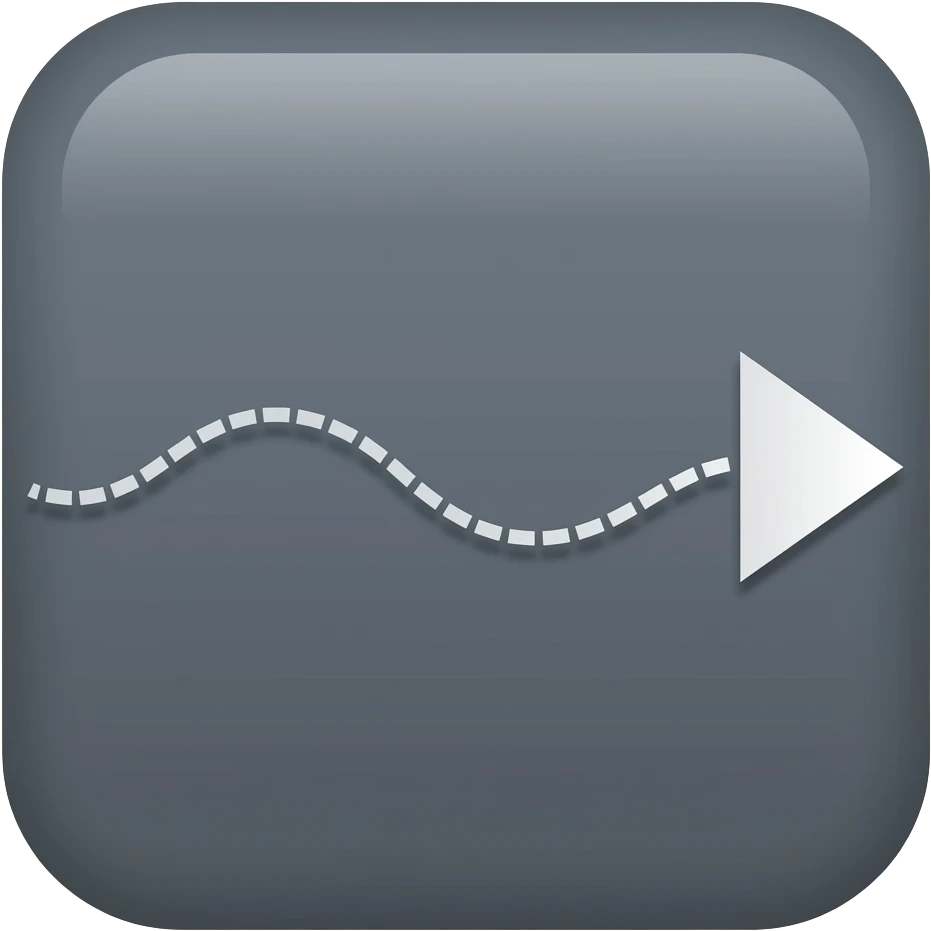 Flecha blanca sobre fondo uniforme de color gris oscuro mate. Sigue una trayectoria ondulada de onda sinusoide horizontal suave. trazado compuesto por una línea de puntos discretos y uniformes. Termina a la derecha con una punta de flecha triangular sólida y blanca. Composición vectorial minimalista emoji