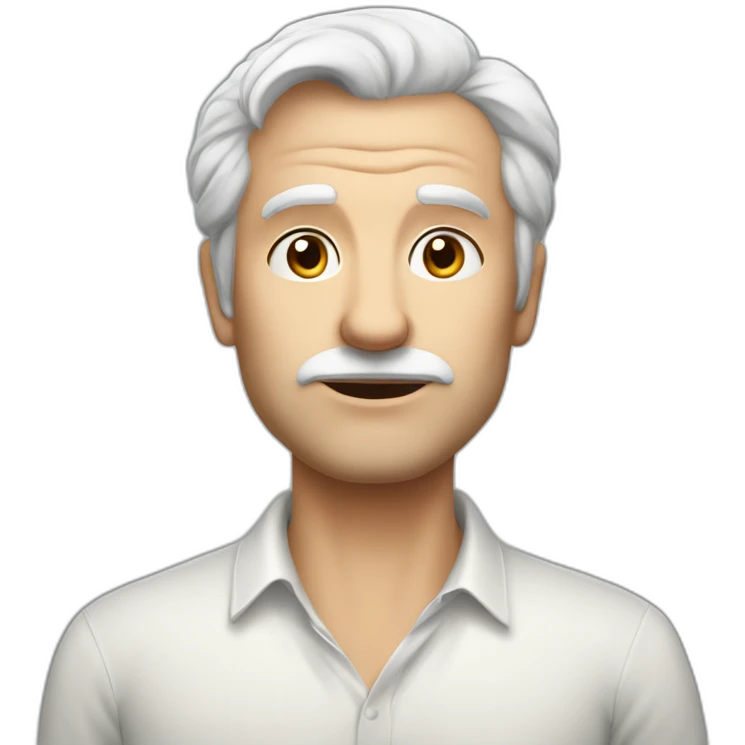Unsure european shaved guy in his fifties with mid long white hair wearing a shirt saying hello emoji