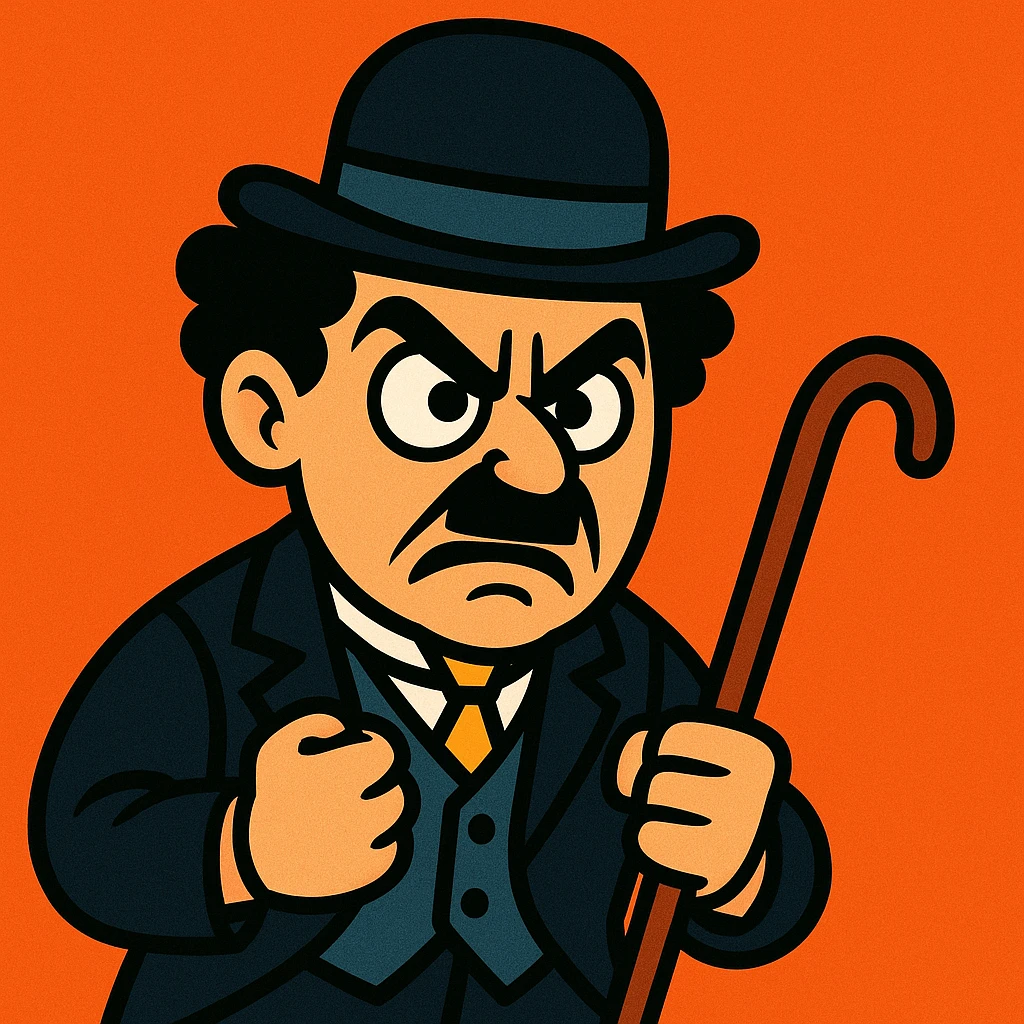 angry Charlie Chaplin, exaggerated cartoon style, bold lines, bowler hat, mustache, cane emoji