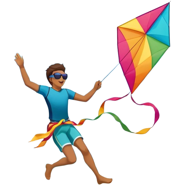 A person soaring through the sky while holding onto a colorful kite on a windy beach. The kite is catching the wind, and the backdrop features waves crashing on the shore, capturing the excitement and freedom of kitesurfing. emoji