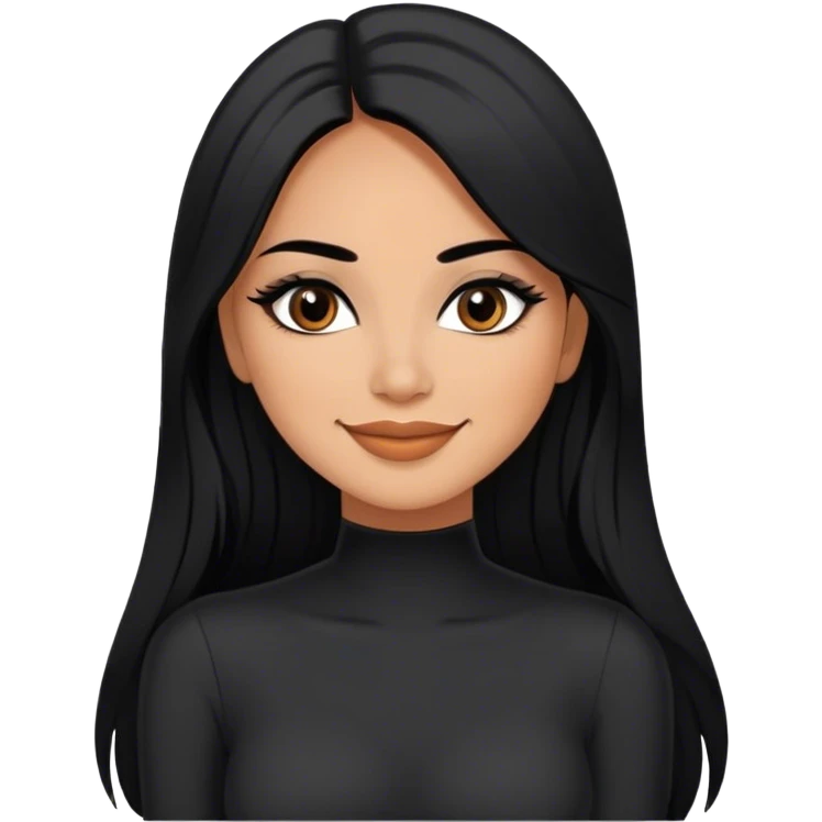 beautiful woman, with long straight black hair, with make up, black eye liner, smile, mexican, brown skin, wearing beautiful sexy black outfit, she has a shy attitude  emoji