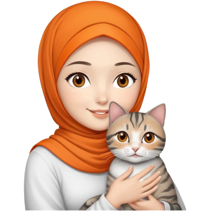 Asian White girl with black eyes wearing orange hijab and white dress holding a black grey tabby cat while smiling.  emoji