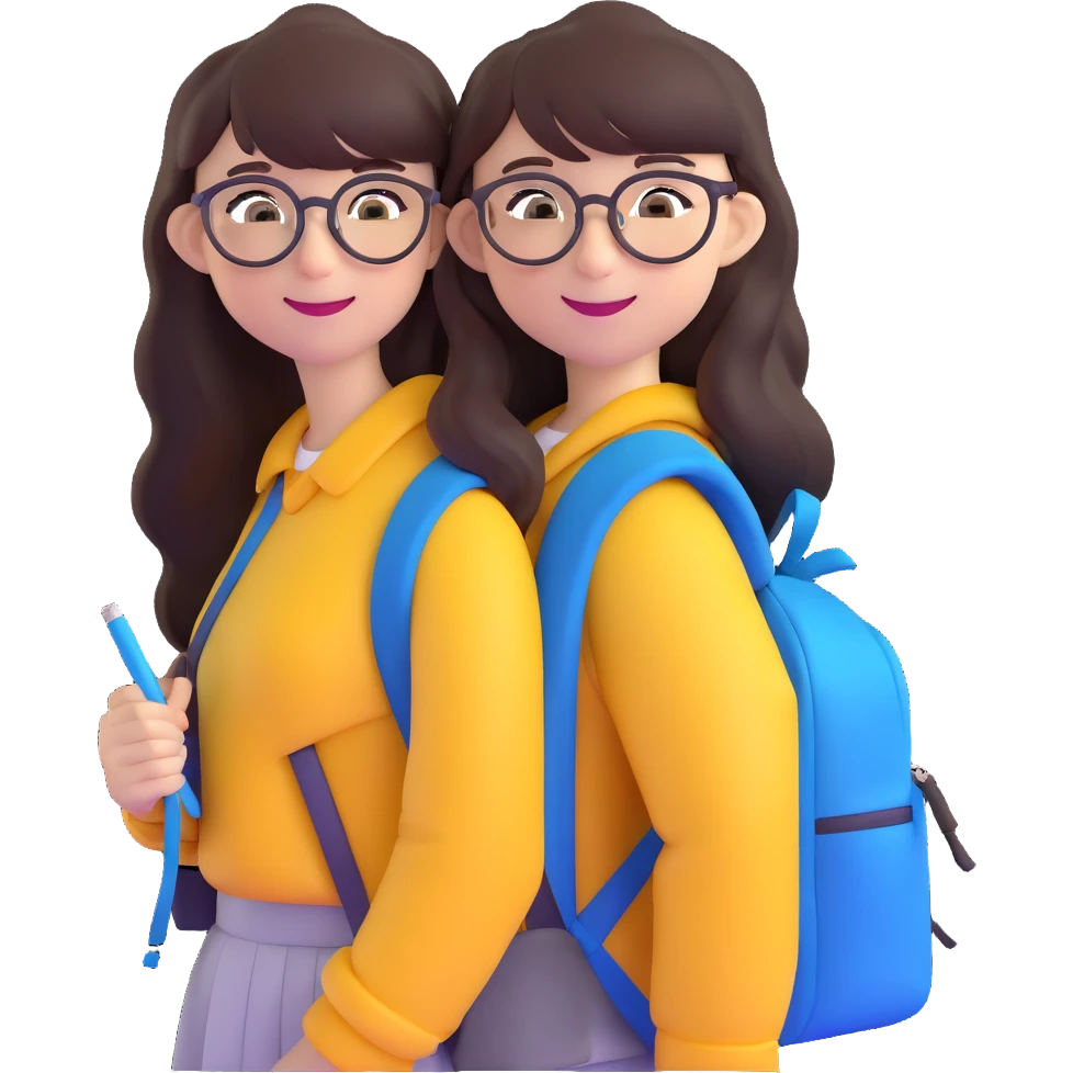 teenage girl with long dark brown hair, bangs, blue eyes, round glasses with thin black frames, wearing a backpack, smiling emoji