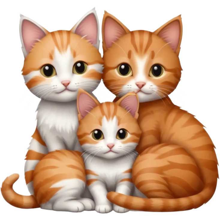 3 very small kittens cuddling together all different colours, the first one is grey and white, the second is ginger and white and the third is brown tabby and white emoji