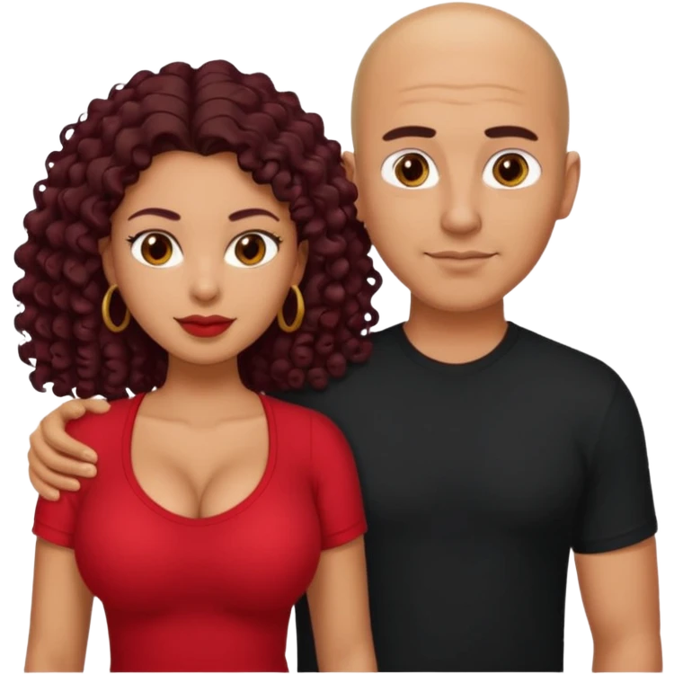 A picture of a sexy tanned couple. the guy is Mexican, with a bald hair cut and a red shirt. the girl is mixed, she has curly longer dark brown hair, and with big boobs and wearing black shirt  emoji