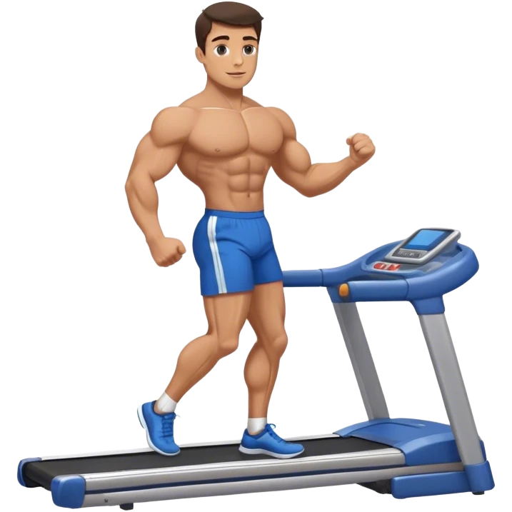 brunette male bodybuilder blue shorts treadmill emoji