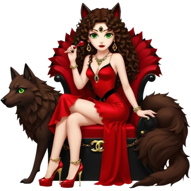 Lilith green eyes, symbol seductress evil brown curly long hair haired, sexy succubus woman with red and black Chanel dress on. A red and black stiletto platform high heel shoes on. sitting on a Black and gold throne. A large black fur wolf sitting beside her. Red rubies surround them both emoji