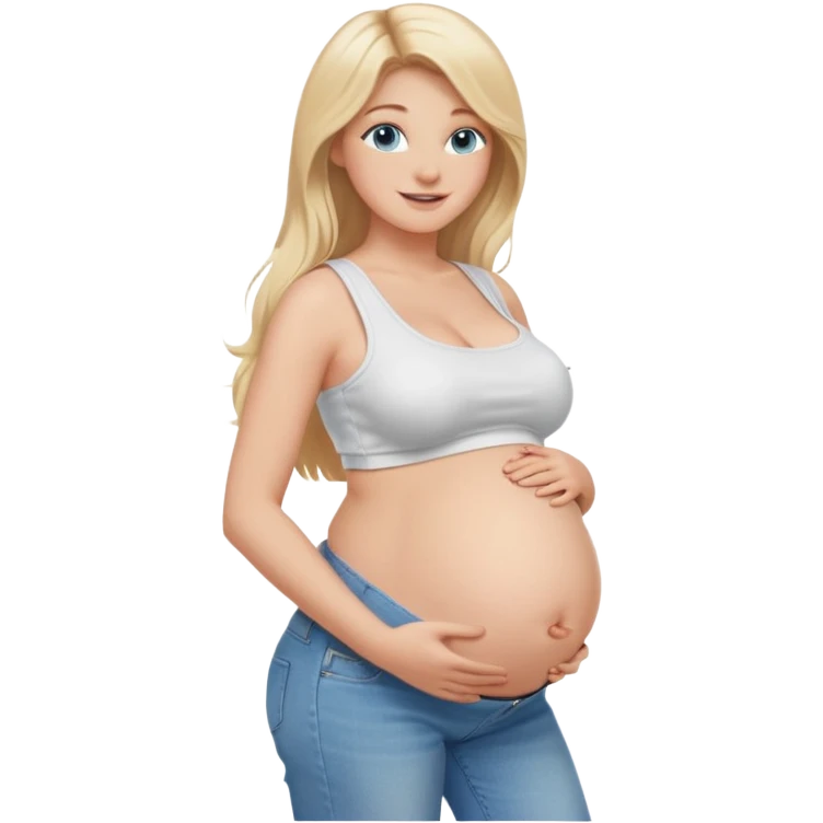 White girl, 18, long blonde hair, blue eyes, white crop top, jeans, huge pregnant belly, big boobs, side view, skinny, bare midriff, smiling emoji