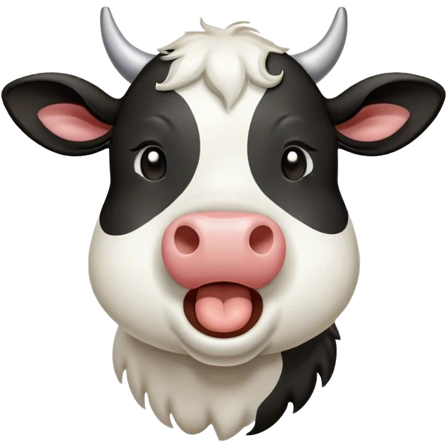 Cinematic Cute Yawning Black and White Cow Portrait Emoji, Head tilted slightly with a dramatic, wide-open yawn, showcasing a smooth, contrasting coat of black and white, floppy ears slightly drooping, round brown eyes barely open in drowsy contentment, Simplified yet irresistibly adorable features, highly detailed, glowing with a soft, cozy glow, high shine, relaxed yet expressive, stylized with a touch of modern whimsy, bright and endearing, soft glowing outline, capturing the essence of a sleepy yet affectionate cow, so drowsy it feels like it could stride out of the screen and curl up for a nap! emoji