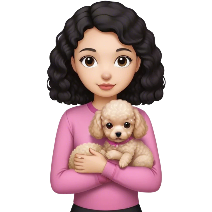  Un chica con cabello negro y un poco ondulado, con camisa camisa rosa ajustada sosteniendo un perrito pequeño de raza french poodle  emoji