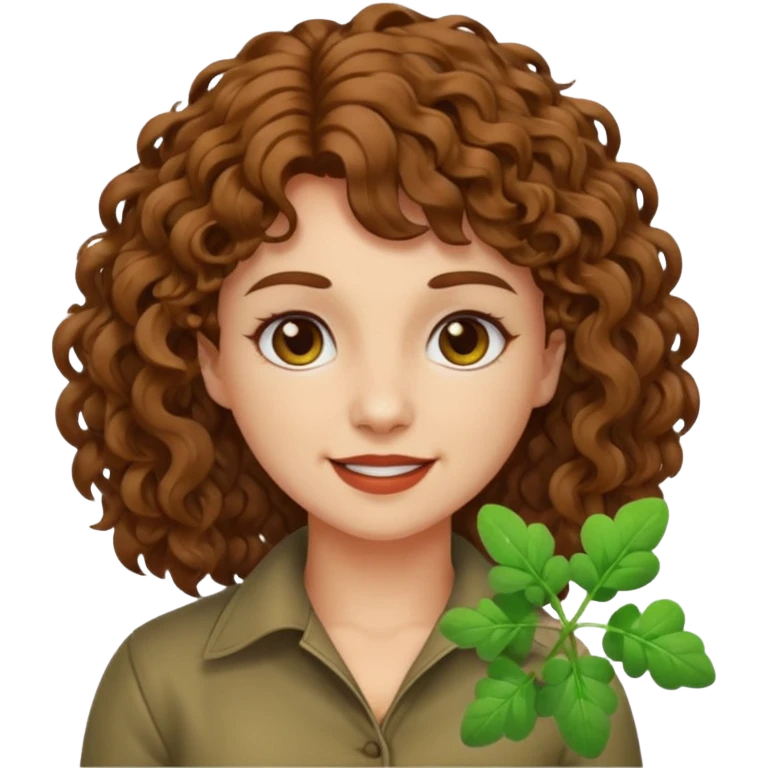 bust woman short curly brown mullet hair brown eyes white skin chewing clover stem, sarcastic grin emoji