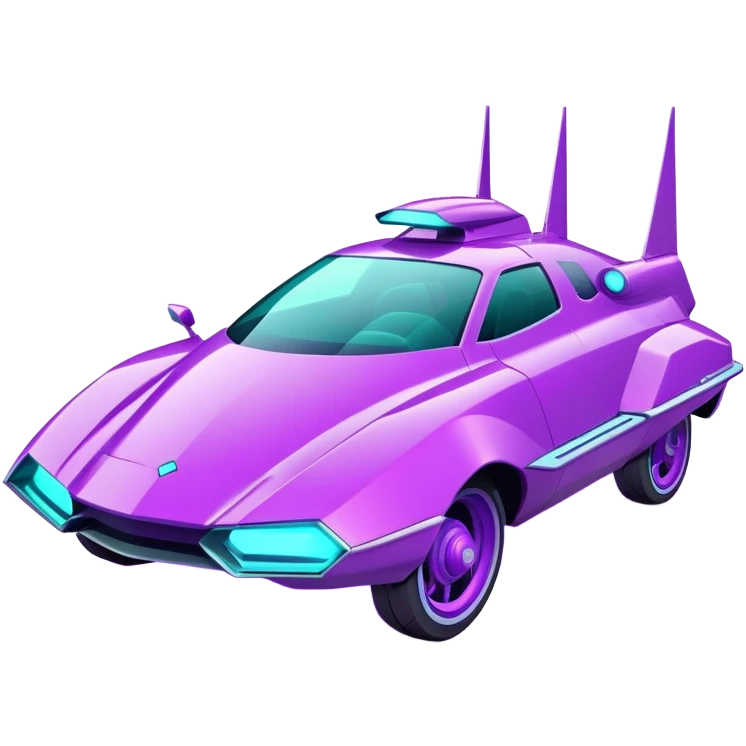 Futuristic retro hover car with sharp angular design and glowing purple wheels, flat vector style, minimal color palette with purple and teal accents emoji