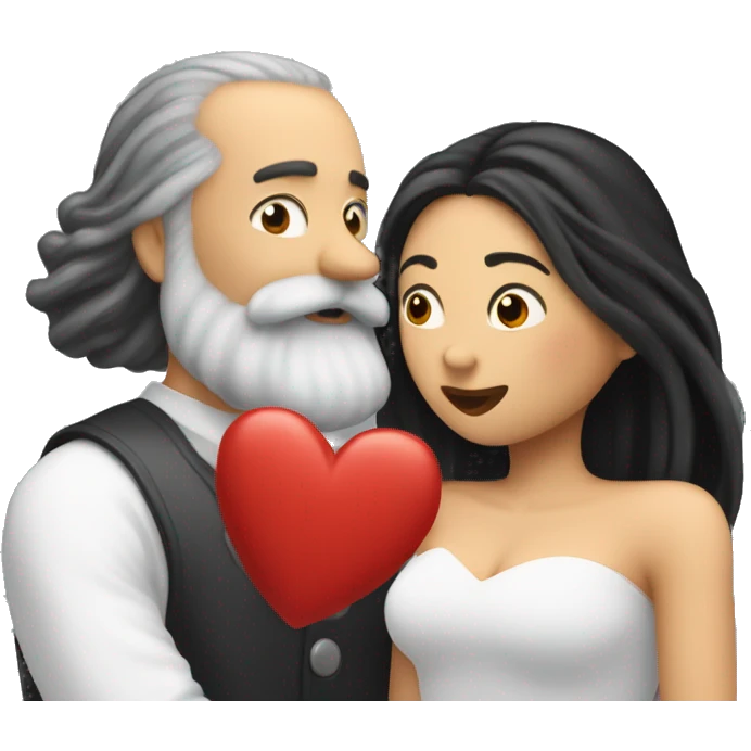 Red hearts are flying and Bald and gray beard man kisses from lips of  long black hair white woman emoji