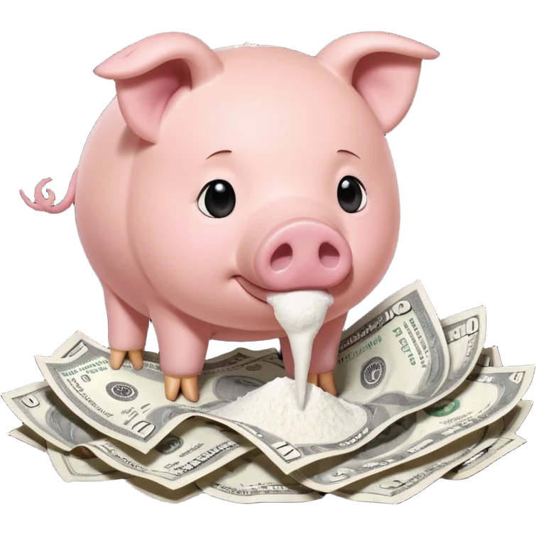 A pig with a rolled up dollar bill held to his nose looking down at a small pile of flour  emoji