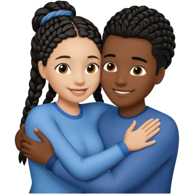 Dark black girl with black braids and dark tan white boy with curvy straight brown hair, they are hugging and smiling, and touching each other with their hands emoji