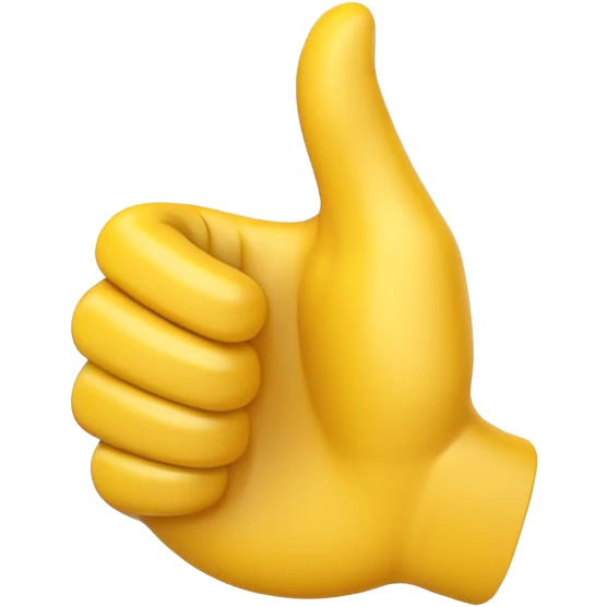 Apple-style 3D illustration of a single yellow emoji hand giving a thumbs up gesture, glossy and rounded, centered on a clean white background, soft shadow underneath, isolated and minimal design emoji
