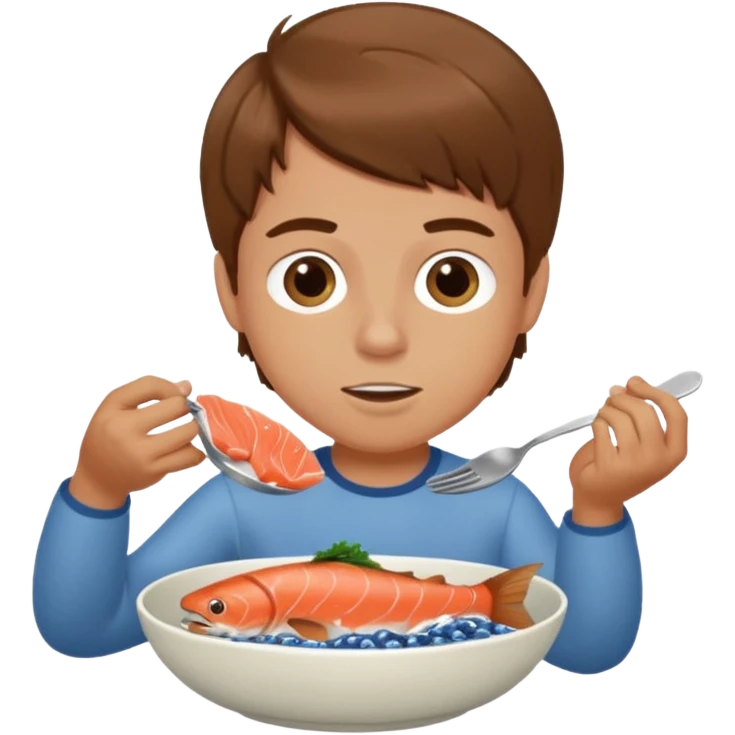 A white boy with brown hair eating salmon out of a bowl emoji
