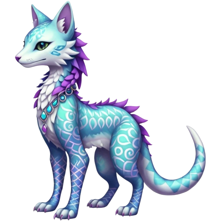 Kawaii iridescent beautiful pretty elegant divine edgy fantasy feline-vernid-sergal-fursona-animal-creature with accessories, full body, with intricate patterns emoji