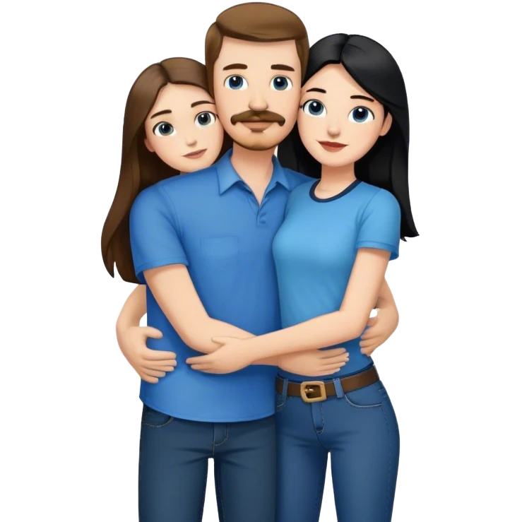 tall white guy with brown hair goatee mustache wearing blue shirt and black jeans hugging a shorter white girl with long black hair with blue jeans and white shirt emoji
