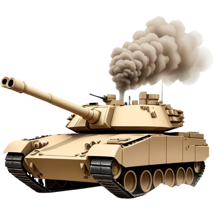 M1 Abrams (2022) – Cinematic-realistic M1 Abrams tank, its imposing desert-tan frame rolling across a war-torn battlefield. The massive 120mm smoothbore cannon swings into position, its engine roaring as it crushes debris under its heavy treads, dust and smoke swirling in the fiery glow of distant explosions. emoji