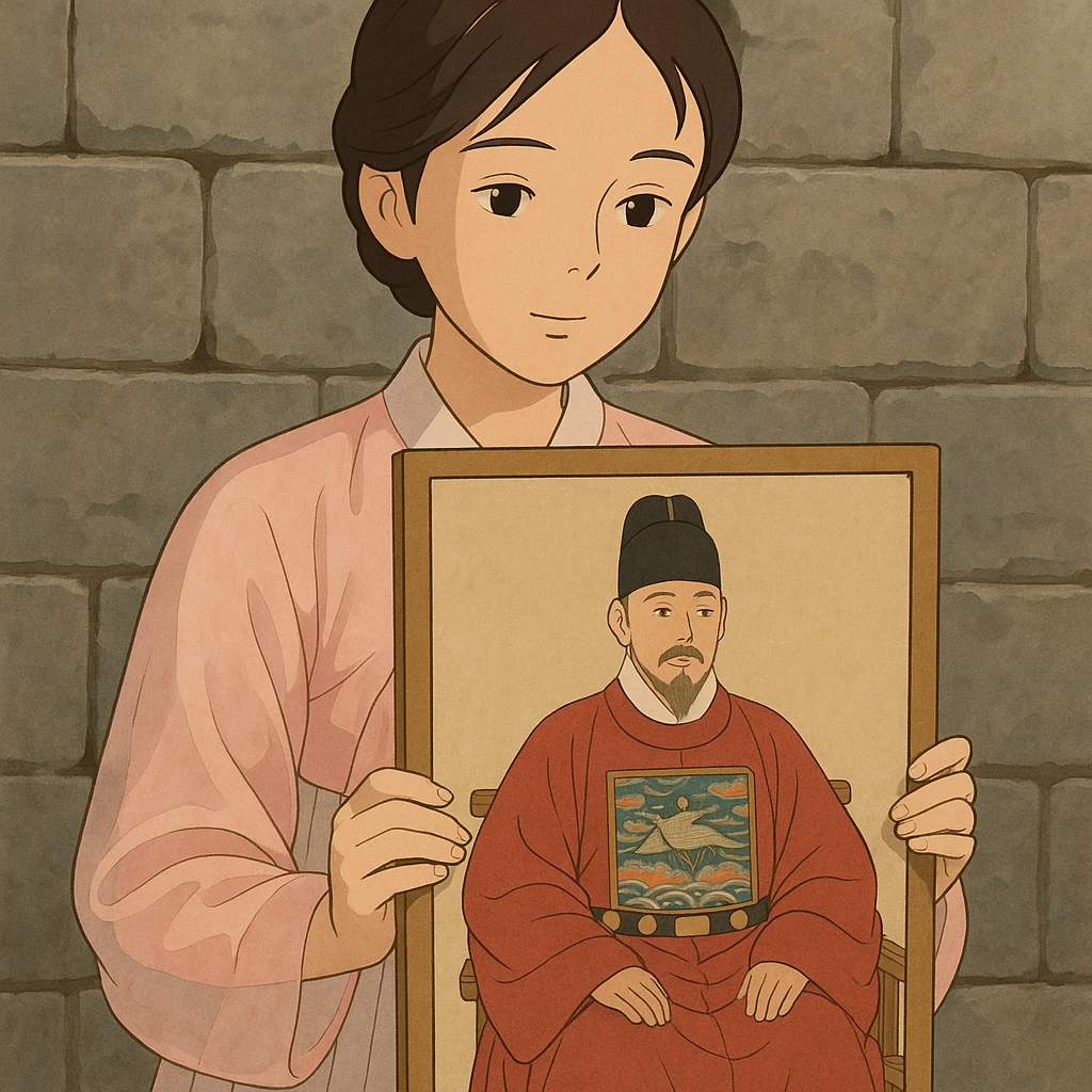 a young woman in a pale pink sheer hanbok holding a traditional Korean portrait in front of a grey stone wall, focus on traditional Korean art details in the portrait, ghibli style emoji