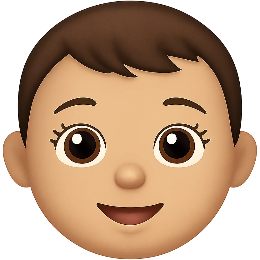 emoji de bebé de un año con pelo corto marrón, ojos marrones grandes con pestañas, cejas marrones y labios rosas, fondo transparente emoji