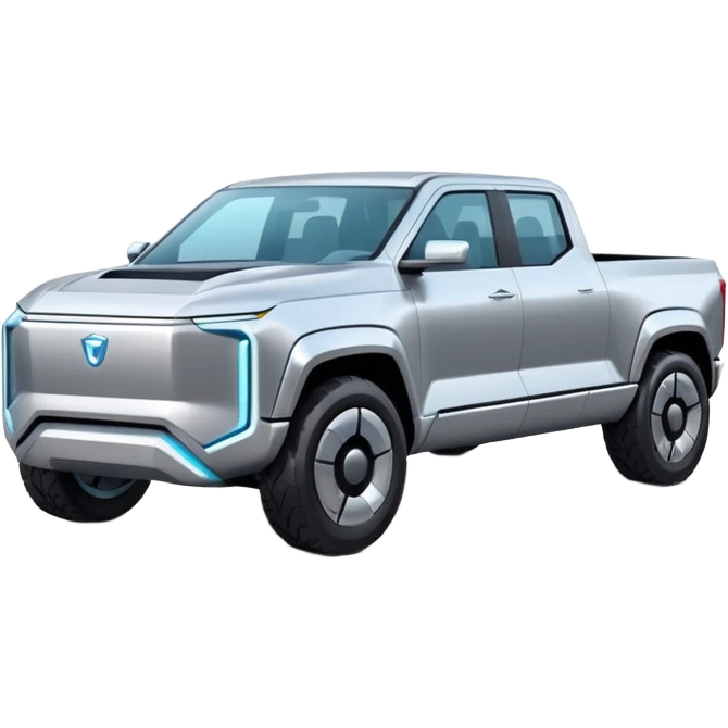A futuristic electric pickup truck emoji, silver chrome body, angular cyber design, smooth metallic panels, subtle reflections, minimalistic proportions, iOS emoji style, centered composition, clean white background, soft lighting emoji