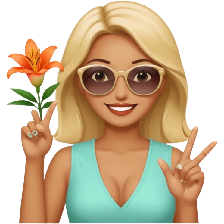 Relaxed sexy woman smiling holding lilies posing in shades  and flashing peace sign  hand emoji