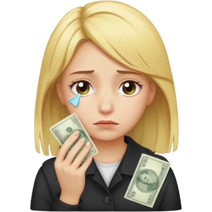 Девушка со светлыми волосами грустная плачет и вытирает слезы купюрой денег emoji