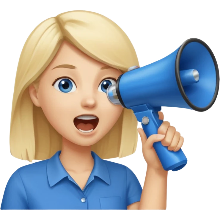  blue eyes blonde girl yelling into megaphone smiling emoji