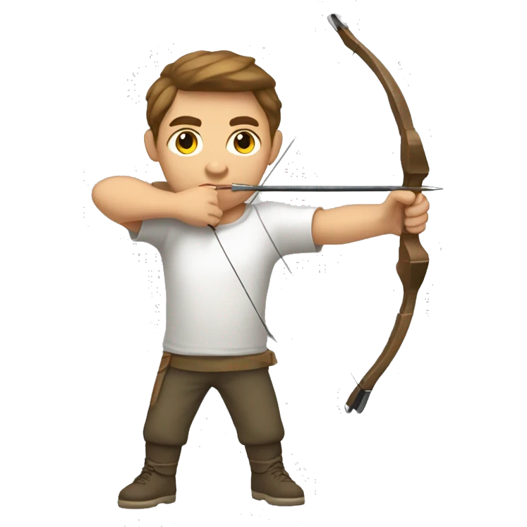 a male archer aiming with a bow looking at his target, wearing a tshirt, brown hair, bright skin, emoji