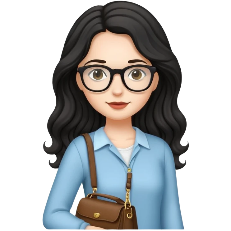 A white girl with black wavy long hair, wearing Wearing glasses and carrying a shoulder bag emoji