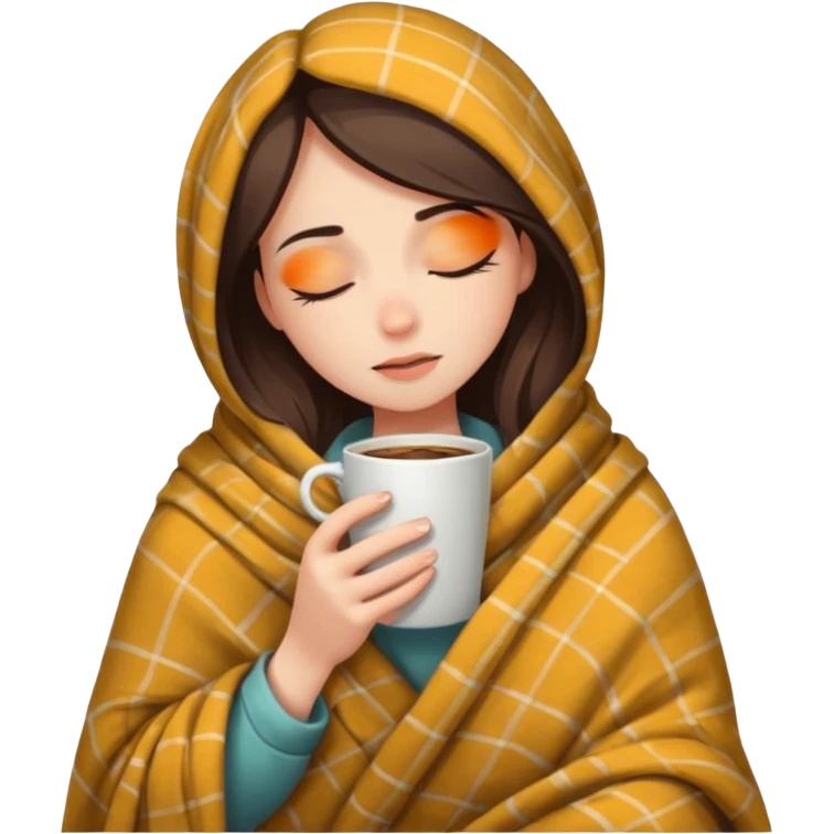 girl inside a blanket sipping coffee eyes closed, visibly distressed emoji