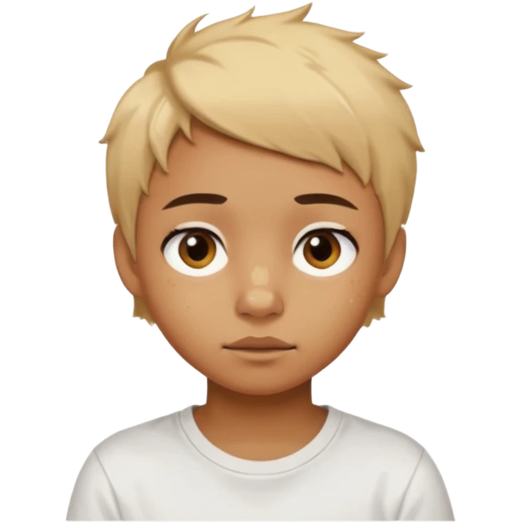 caramel skin color. Teen age. Short buzz, messy blonde hair, large expressive golden-brown eyes, brown skin color, scar over nose, wearing a plain white t-shirt. emoji