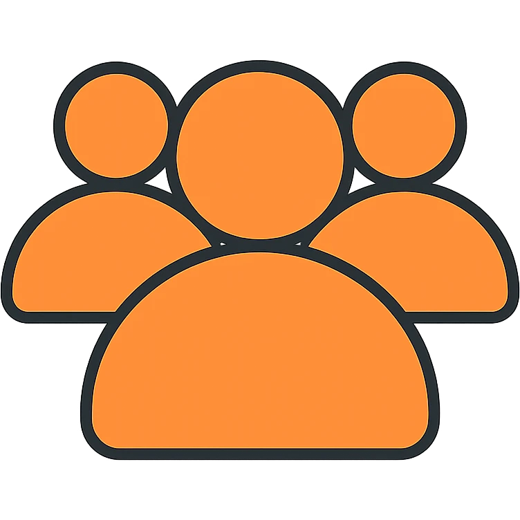 simple icon of a silhouette representing followers: group of stylized people with one person in the foreground, orange color #fe6601, transparent background emoji