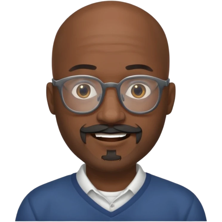 African american male, bald, full gray beard, black mustache. Round face, glasses emoji