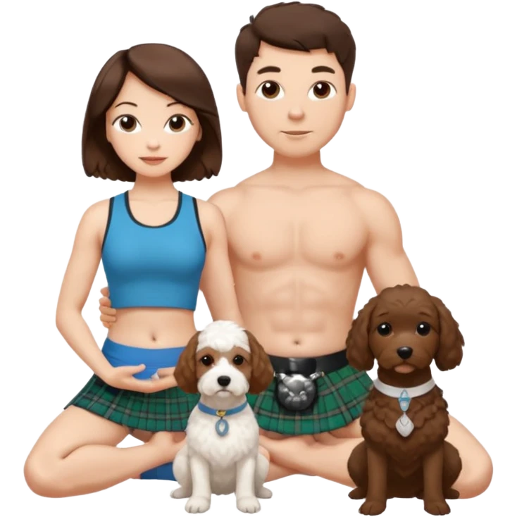 emoji of brunette man wearing kilt, brunette woman in yoga outfit and white cockapoo dog emoji