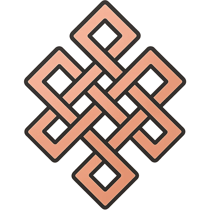 Create an icon-like karma symbol with an endless knot featuring intricate interwoven lines. The style should be spiritual and balanced, rendered in a rose gold metallic look with no background. emoji